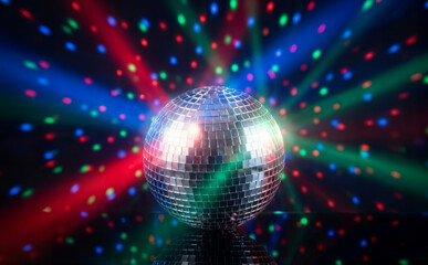 Obraz premium Disco ball spinning and reflecting colorful lights in dark setting creating vibrant atmosphere for celebration and party event with energetic mood and festive ambiance for dance music a
