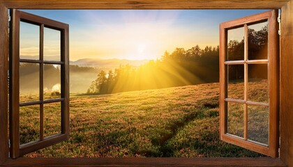 Fototapeta premium Warm Sunlight Pours Through An Open Window Illuminating A Tranquil Outdoor Landscape At Sunrise