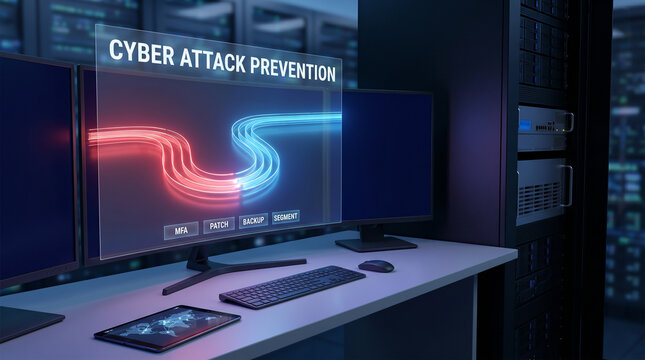 Cybersecurity attack prevention interface on computer monitor in modern data center server room