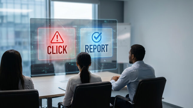 Cybersecurity awareness training for business team with digital interface showing click or report options