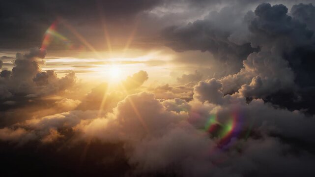 Flying above sunset cloudscape panorama, beautiful aerial cloud timelapse, golden sun shines through moving animated cumulus clouds with peaceful god rays, dramatic storm sky.
