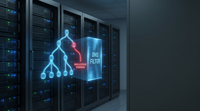DNS Filtering Concept Blocking Malicious Domains in a Modern Server Room Datacenter