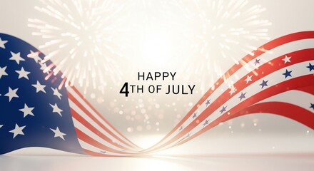 Obraz premium Abstract American flag waving with fireworks and bokeh lights in background, celebrating Independence Day holiday with patriotic theme and festive atmosphere, graphic design element