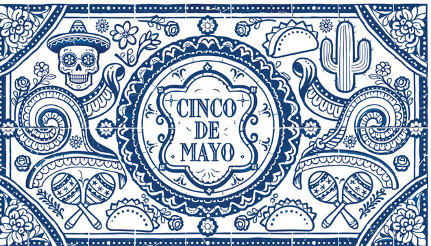 Cinco de Mayo Vector Design with Traditional Mexican Talavera Tile Pattern Style Featuring Calavera Skull, Cactus, Maracas, Tacos, and Ornate Floral Details