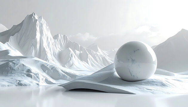 Abstract monochrome landscape with a reflective sphere on a snowy terrain, amidst jagged mountains and subtle atmospheric haze, evoking a sense of serene desolation and minimalist design