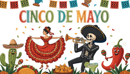 Cinco de Mayo Party Vector Background with Traditional Dancer, Skeleton Trumpet Player, Cute Cactus Mascot, Chili Character, Nachos, and Festive Papel Picado Banners © Kamal
