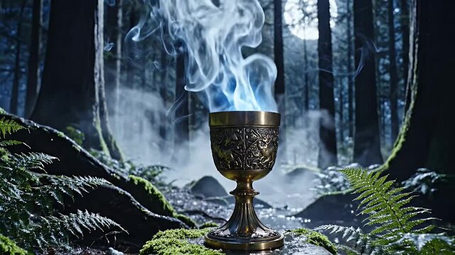 Enchanted Chalice in Mystical Forest - A decorative chalice sits atop a moss-covered rock, emitting a mystical blue flame, surrounded by lush ferns in an enchanting forest setting.