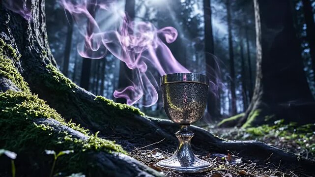 Mystical Goblet in Enchanted Forest - A beautifully ornate goblet stands amidst a mystical forest setting, surrounded by intricate tree roots and lush greenery.
