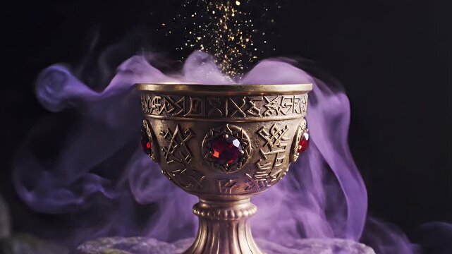 Ornate Chalice with Mystical Smoke and Glowing Sparks - A richly detailed chalice adorned with red gemstones and intricate designs is enveloped in swirling purple smoke.