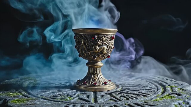 Mystical Chalice with Colorful Smoke - An ornate chalice adorned with intricate designs and red gemstones is placed on a stone surface.