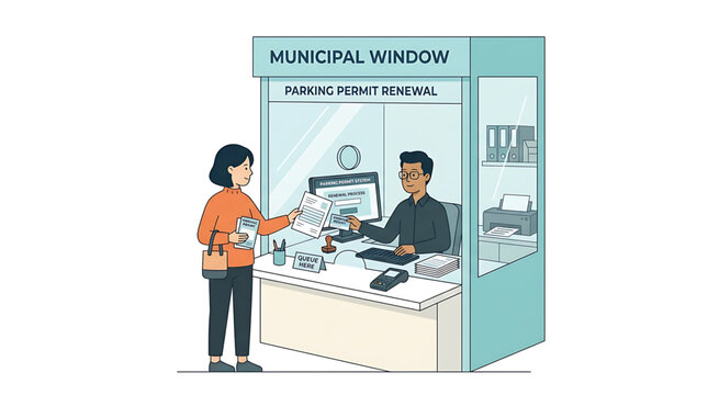 A woman renewing her parking permit at a municipal office window with a clerk