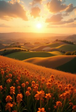 Rolling Hills Expanses Vibrant Crop Patterns Rustic Settings Bountiful Fields Flora