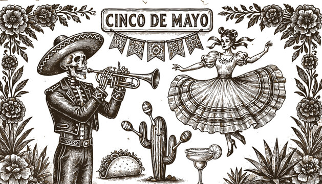 Vintage Hand Drawn Cinco de Mayo Vector Banner Featuring Engraved Mariachi Skeleton Trumpeter, Traditional Mexican Dancer, Cactus, Taco, and Ornate Marigold Floral Borders