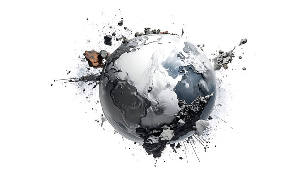 Abstract representation of a crumbling planet Earth with debris exploding outwards, symbolic of environmental decay or global crisis