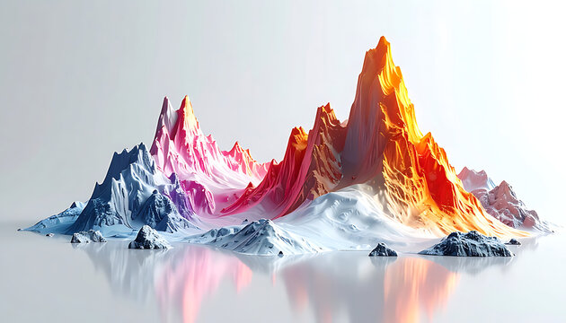 abstract pixelated mountain range landscape, digital art with colorful peaks in pink, orange, and yellow, snowy base, reflecting on water surface, representing innovation and data visualization