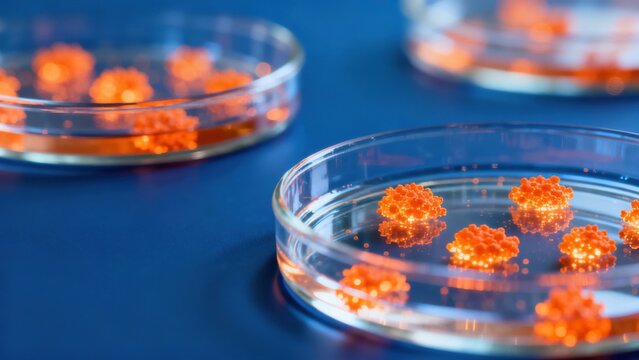 Orange cell clusters in petri dishes