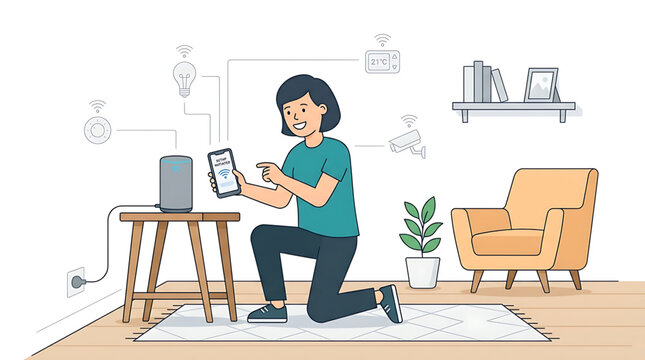 Woman setting up a smart home system using a mobile app