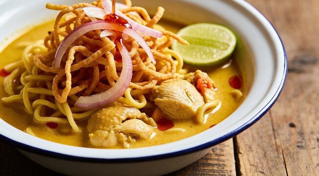 Traditional Northern Thai Khao Soi chicken curry noodles in enamel bowl, rustic wooden table