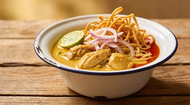 Beautiful still life of traditional Northern Thai Khao Soi chicken curry noodles served in an enamel bowl on a wooden table, with crispy noodles, shallots, lime, chili oil.