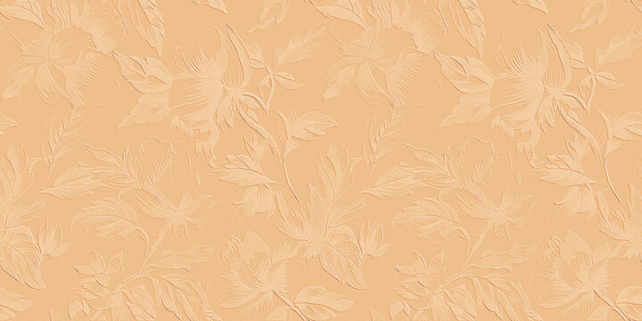 A series of elegant, seamless floral and leaf patterns featuring a 3D embossed texture on a canvas-like background in peach.