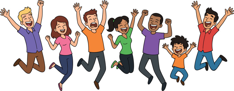 Happy Family and Friends Jumping Together with Joy and Excitement Celebrating Success Vector Illustration Concept