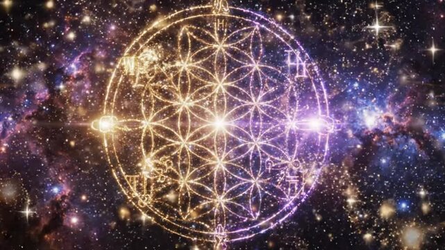 Flower of Life Sacred Geometry Symbol in Cosmic Galaxy Background