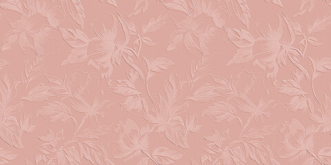 Fototapeta premium A series of elegant, seamless floral and leaf patterns featuring a 3D embossed texture on a canvas-like background in dusty pink.