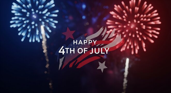 Happy 4th of July text overlay with American flag elements and red and blue fireworks exploding in a dark night sky, celebrating Independence Day with patriotic celebration and festive illumination.