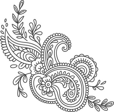Intricate Paisley Floral Swirl Decorative Element in Black Outline on White Background