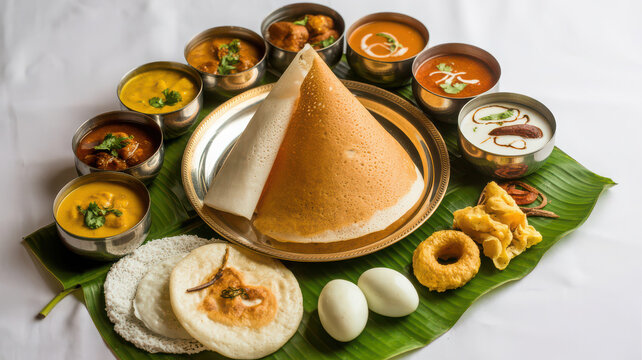 Grand south indian breakfast thali on banana leaf with cone dosa, idli, vada, multiple curries, and boiled eggs.