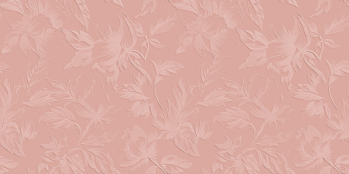 A series of elegant, seamless floral and leaf patterns featuring a 3D embossed texture on a canvas-like background in dusty pink.