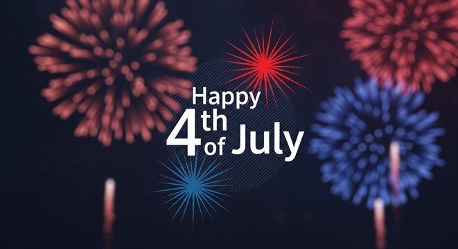 Happy 4th of July text overlay with red and blue fireworks exploding in the dark night sky, festive celebration graphic design
