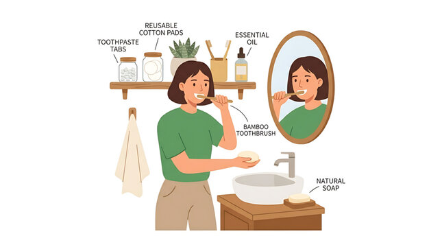 Woman brushing teeth with bamboo toothbrush in bathroom with ecofriendly products