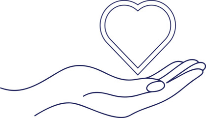 Fototapeta premium A modern continuous line drawing of a hand holding a heart, symbolizing love, care, and compassion, designed in minimalist vector style with smooth curves and transparent background.