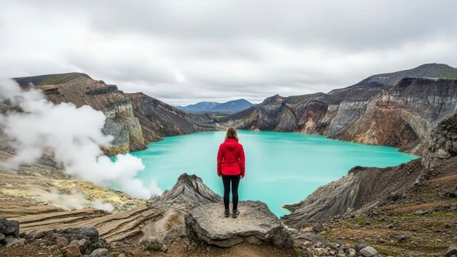 Person overlooking a stunning turquoise crater lake with steam vents