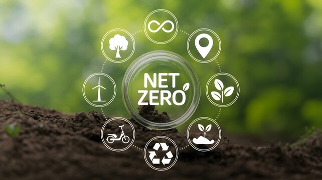 Net Zero concept illustration with renewable energy and environmental icons on a blurred green background