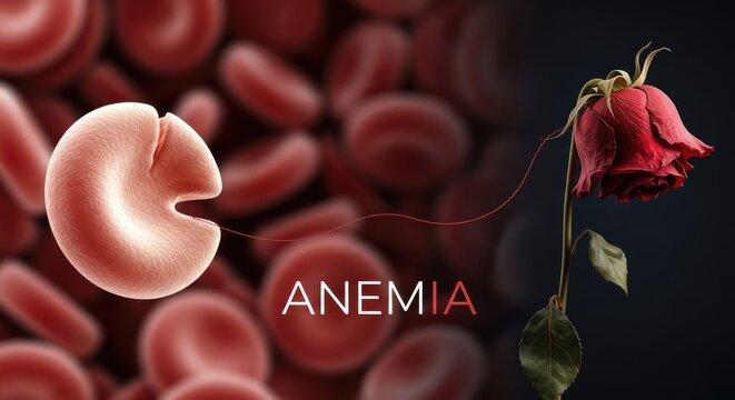 Iron deficiency anemia, a severe blood disorder affecting red blood cells, symbolized by a wilting rose, representing diminished vitality and health, microscopic view of cellular damage
