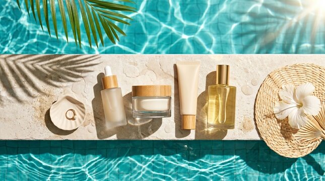 Skincare products arranged on stone ledge beside a swimming pool water