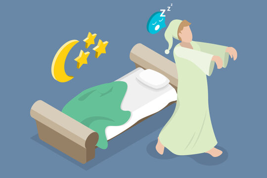 3D Isometric Flat Vector Illustration of Somnambulism, Lunatizm Trouble