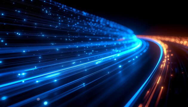 Abstract background featuring high speed light trails and fiber optic communication concept.