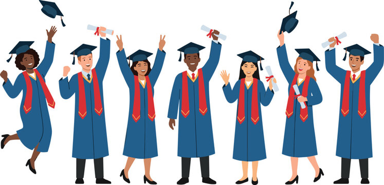 Cheerful Diverse Graduates Group Celebrating Convocation Ceremony with Red Sashes Holding Diplomas and Throwing Mortarboards for University Graduation Concept Vector Design