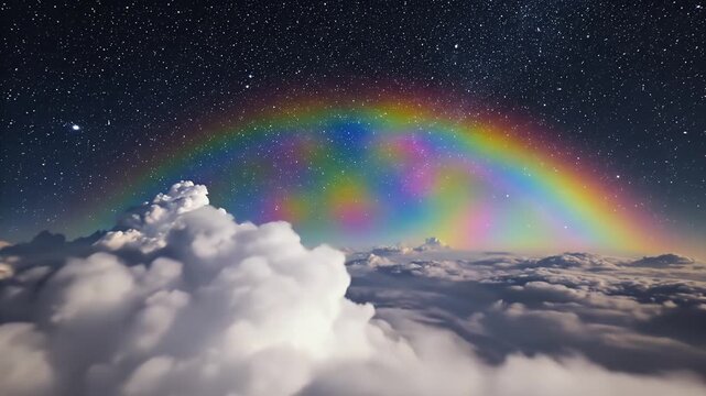 Celestial Rainbow Over Cloudscape - A vibrant rainbow arches over a sea of fluffy clouds in a starry night sky.