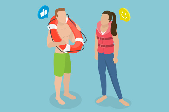 3D Isometric Flat Vector Illustration of Lifeguards, People In Lifejackets And Lifebuoys Happily Working By The Sea Shore.