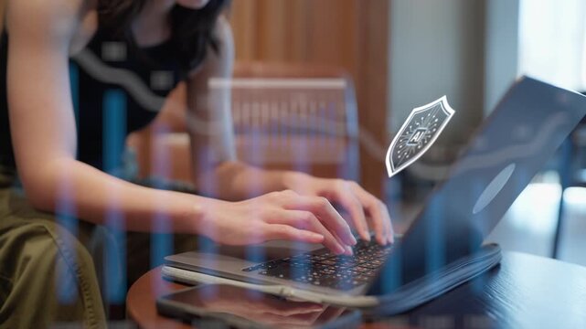 Woman Working on Laptop with AI Cyber Security Shield