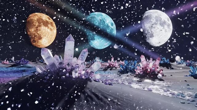Fantasy Landscape with Multiple Moons - A mystical landscape features three moons of varied colors in the night sky, casting a ethereal glow over a terrain dotted with luminous crystal formations.