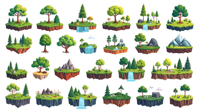 collection of pixel art floating islands with trees and waterfalls, diverse landscapes for game design elements