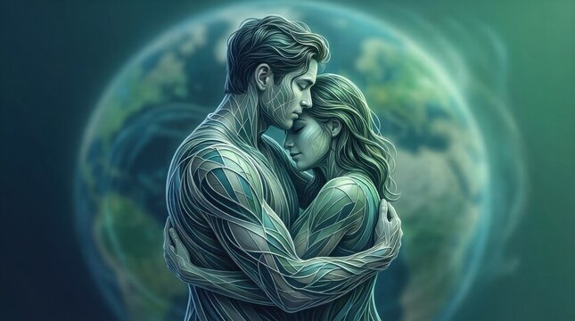 Couple embraces tenderly against a glowing Earth