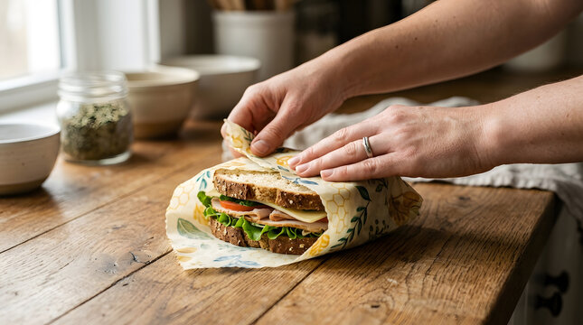 Sustainable lunch preparation using reusable beeswax food wrap in kitchen.