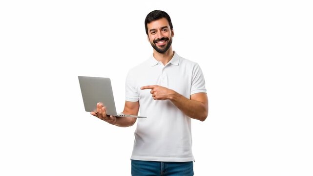 Professional holding laptop with a friendly gesture in casual attire