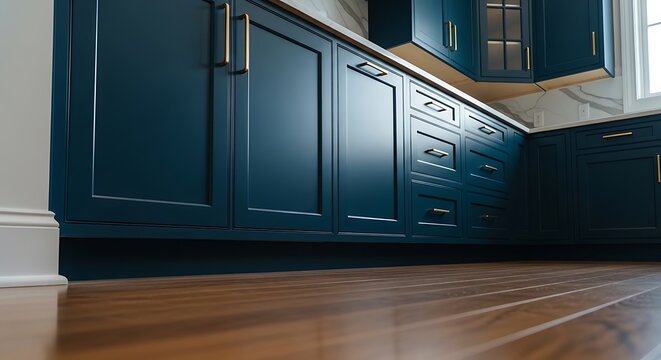 Modern kitchen interior featuring custom cabinet refacing with deep blue painted wood cabinets, marble countertops, and stylish brass hardware accents.